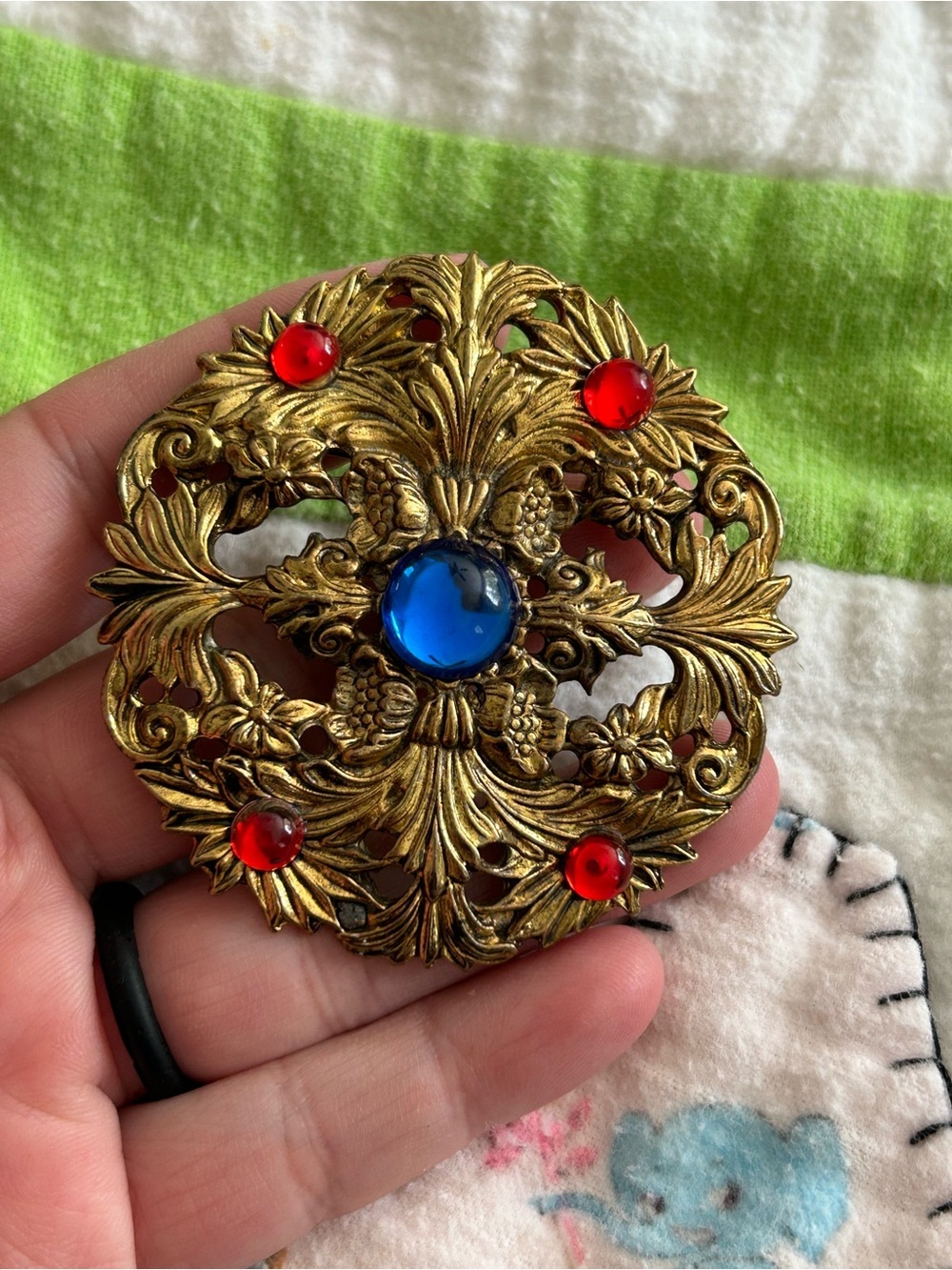 Antique-Edwardian Gold Filigree Brooch with Blue Center and Red Accents